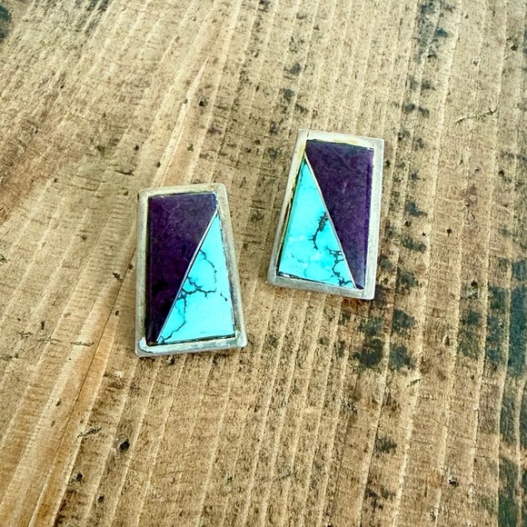 Sterling Silver, Turquoise and Purple-Gemmed Geometric Earrings EUC - Picture 3 of 5